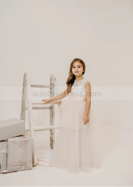 Champagne Beaded Lace Tulle Layered Flower Girl Dress